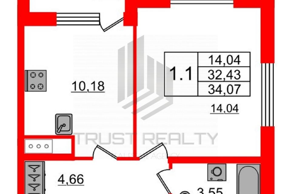 Продаётся 1-комнатная квартира, 34.07 м²