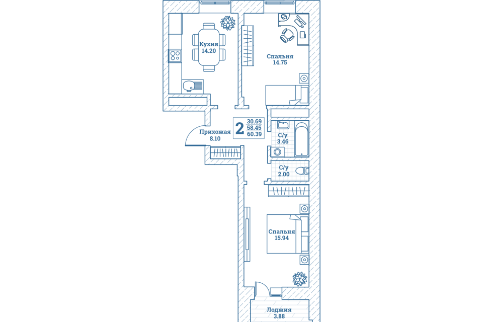 Продаётся 2-комнатная квартира, 60.3 м²