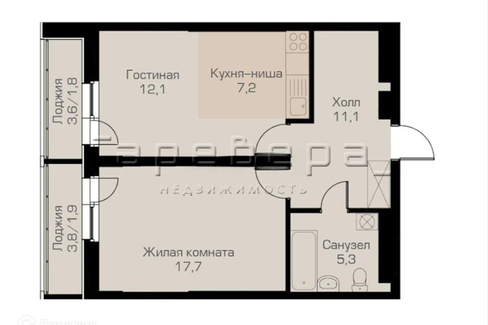 Продаётся 2-комнатная квартира, 54.6 м²