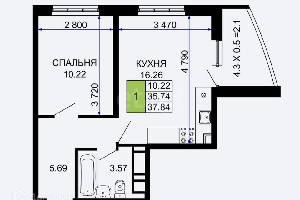 Продаётся 1-комнатная квартира, 36.7 м²
