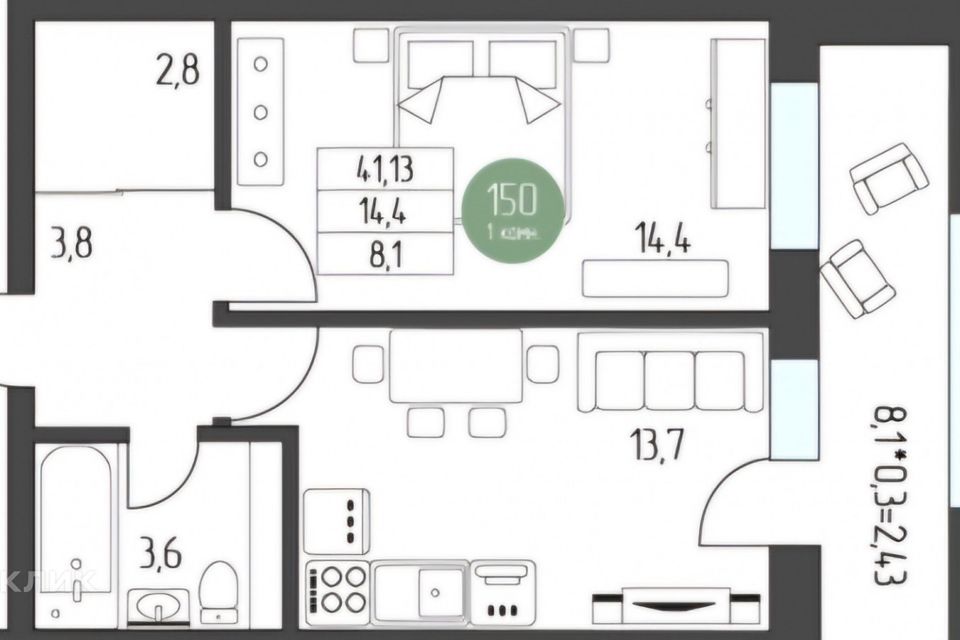 Продаётся 1-комнатная квартира, 34.4 м²