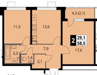 Продаётся 2-комнатная квартира, 58.5 м²