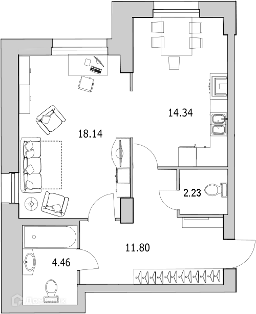 Продаётся 1-комнатная квартира, 51 м²