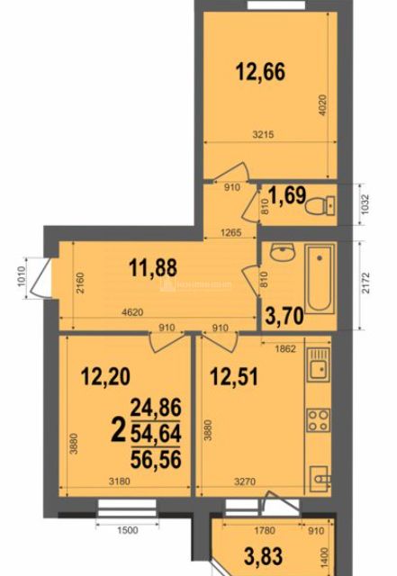 Продаётся 2-комнатная квартира, 56.56 м²