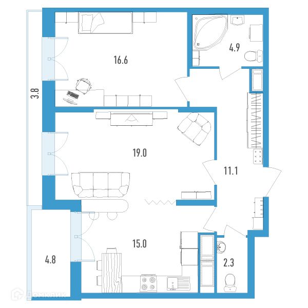 Продаётся 2-комнатная квартира, 72.4 м²