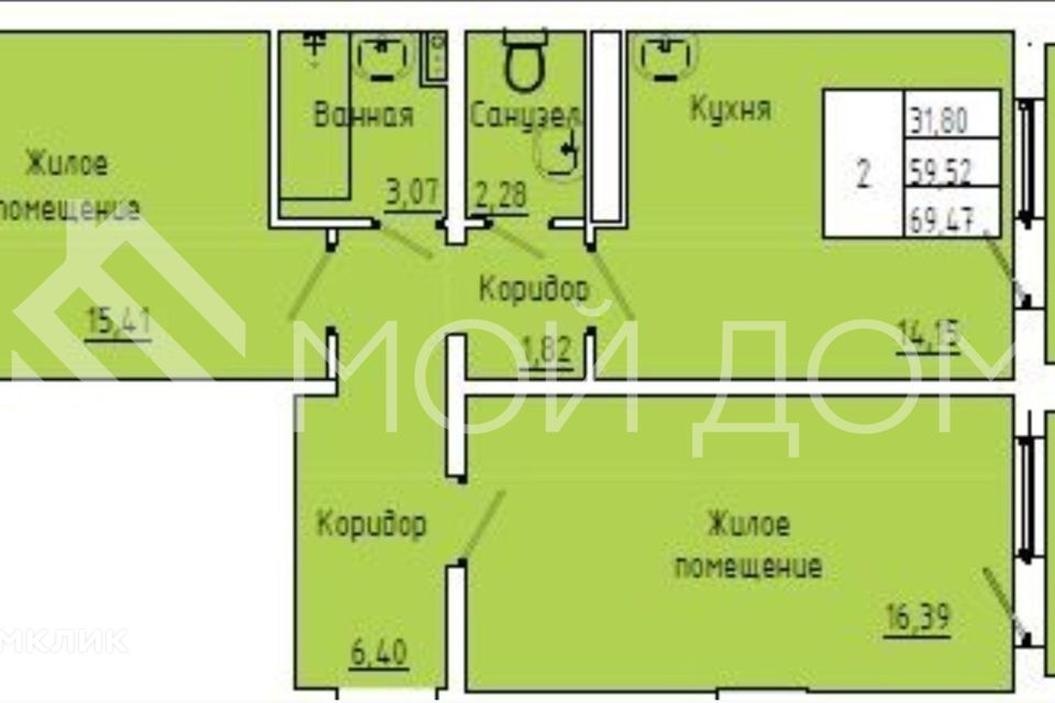 Продаётся 2-комнатная квартира, 64 м²