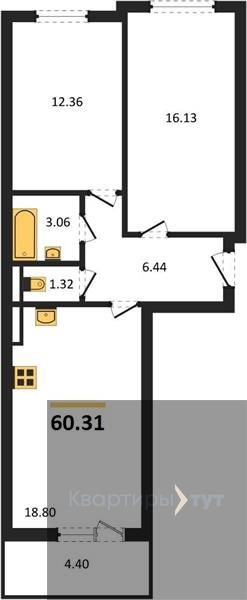 Продаётся 2-комнатная квартира, 60.31 м²