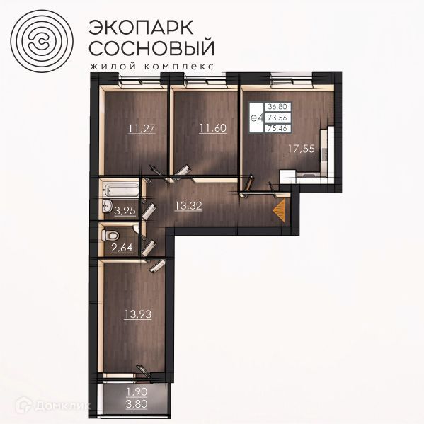Продаётся 3-комнатная квартира, 73.6 м²