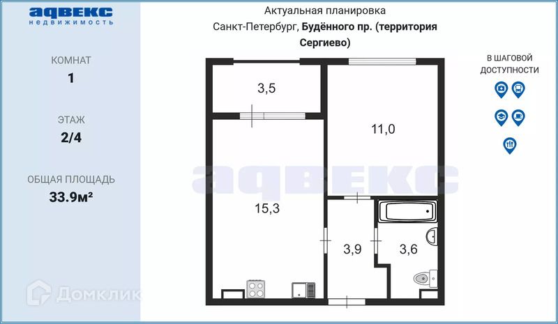 Продаётся 1-комнатная квартира, 33.9 м²
