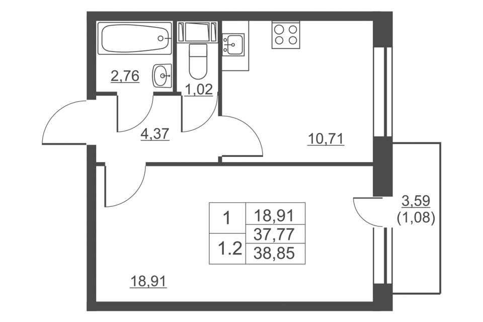 Продаётся 1-комнатная квартира, 37.4 м²