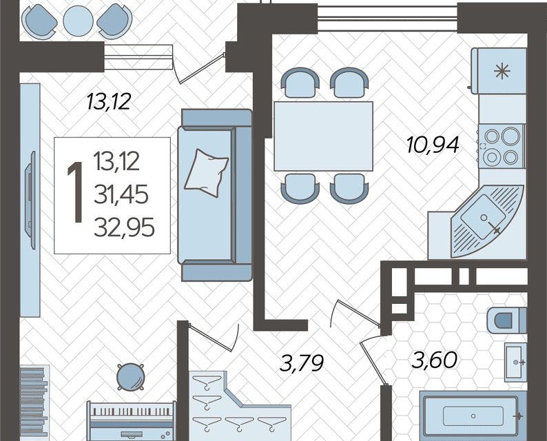 Продаётся 1-комнатная квартира, 32.95 м²