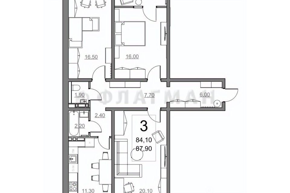 Продаётся 3-комнатная квартира, 84 м²