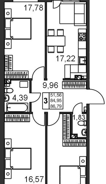 Продаётся 3-комнатная квартира, 88 м²