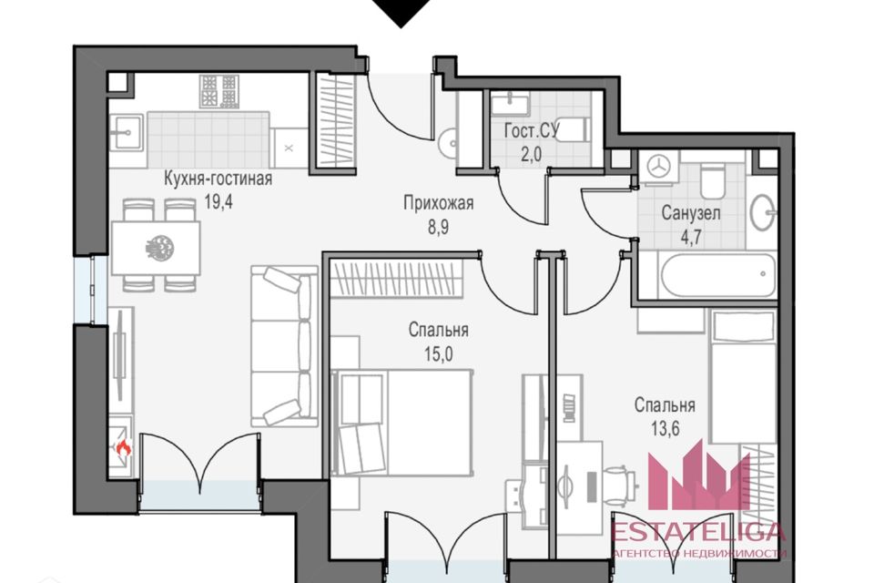 Продаётся 2-комнатная квартира, 63.6 м²