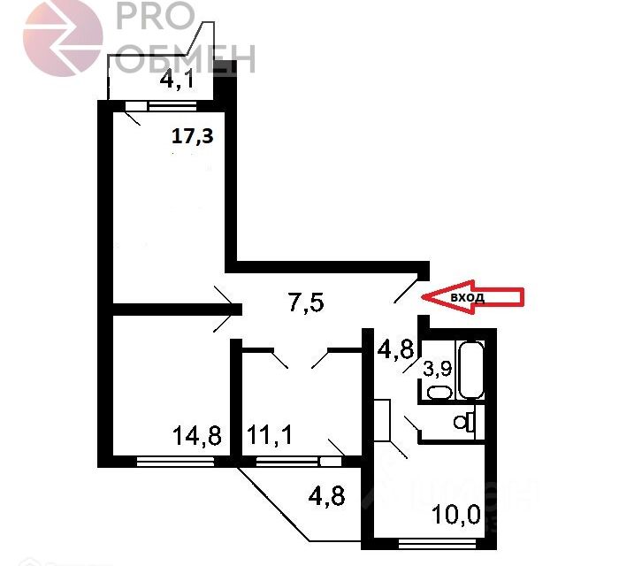 Продаётся 3-комнатная квартира, 70.5 м²