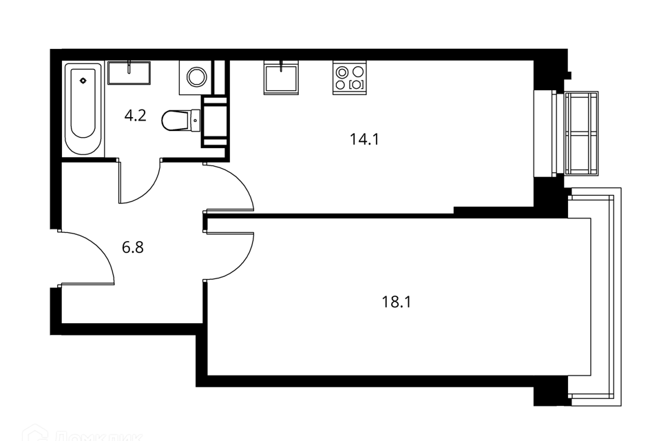 Продаётся 1-комнатная квартира, 43.14 м²