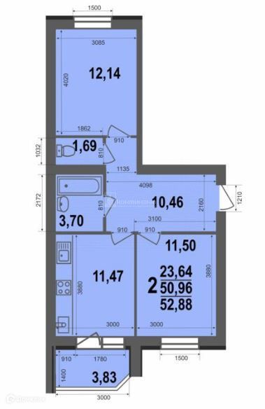 Продаётся 2-комнатная квартира, 52.88 м²