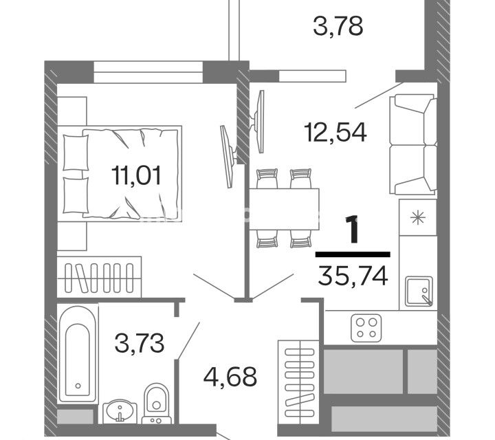 Продаётся 1-комнатная квартира, 35.23 м²