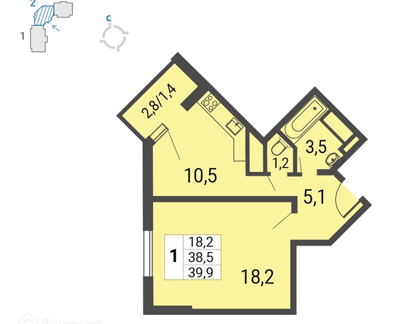 Продаётся 1-комнатная квартира, 39.9 м²