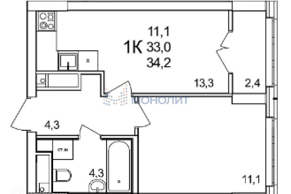 Продаётся 1-комнатная квартира, 34.2 м²