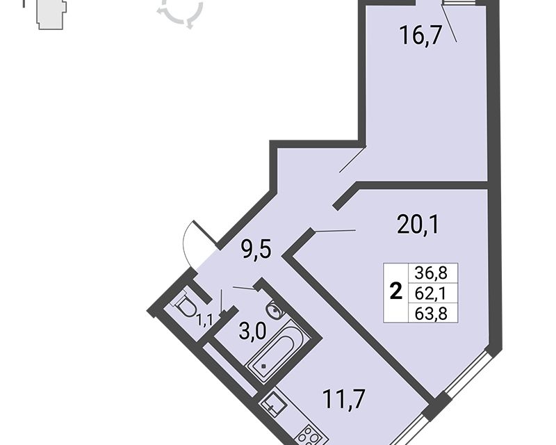 Продаётся 2-комнатная квартира, 63.8 м²