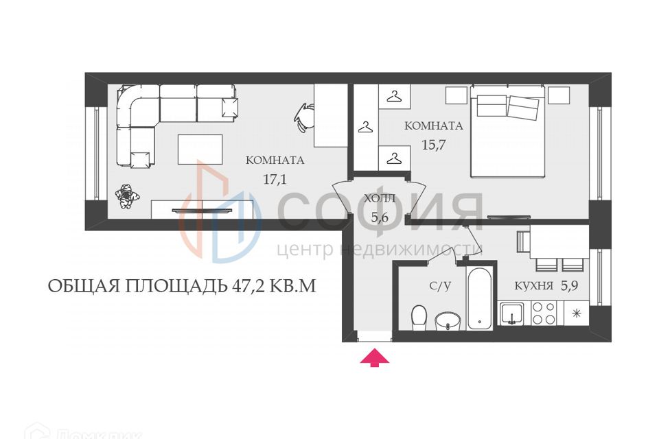 Продаётся 2-комнатная квартира, 47.2 м²