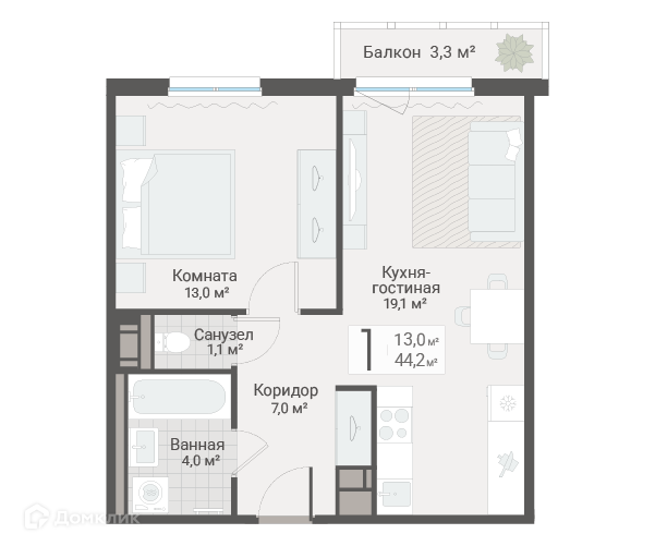 Продаётся 1-комнатная квартира, 44.2 м²
