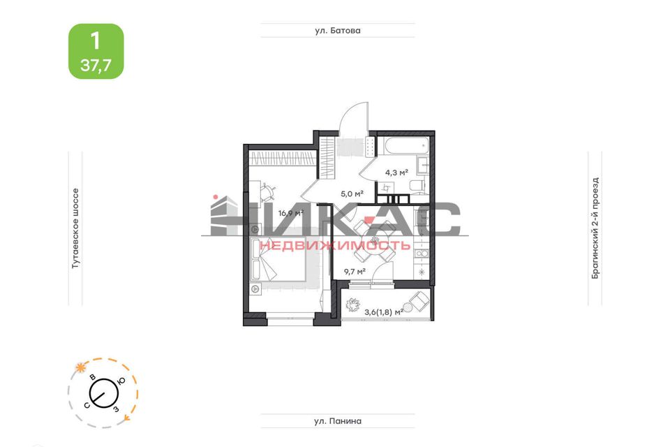 Продаётся 1-комнатная квартира, 37.7 м²