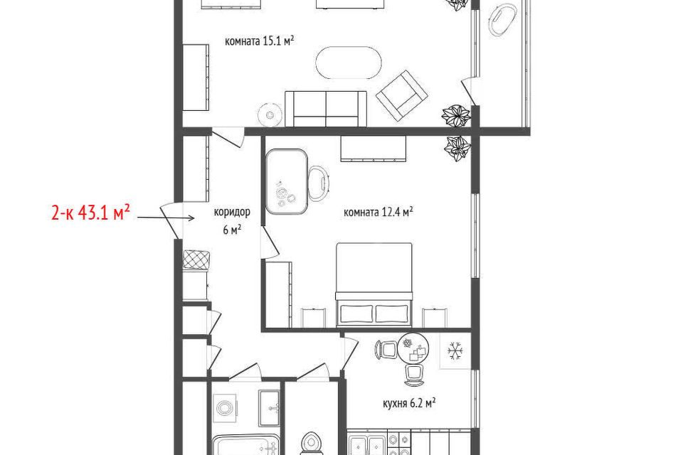 Продаётся 2-комнатная квартира, 43.1 м²
