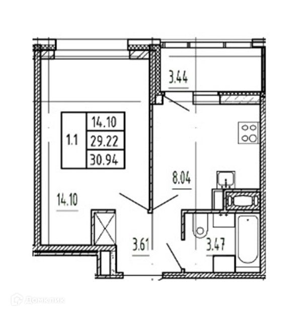 Продаётся 1-комнатная квартира, 30.94 м²