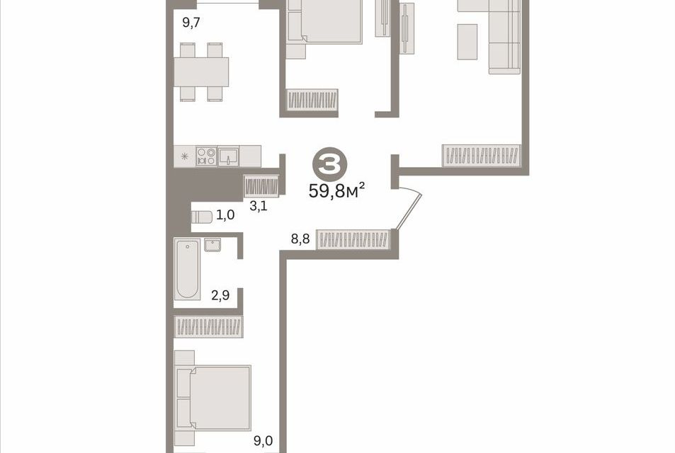 Продаётся 3-комнатная квартира, 59.8 м²