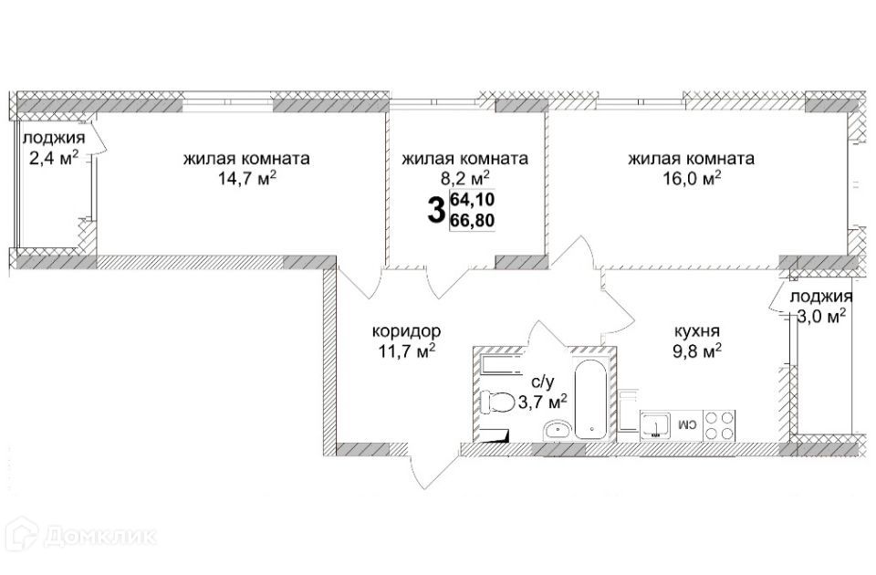 Продаётся 3-комнатная квартира, 66.2 м²