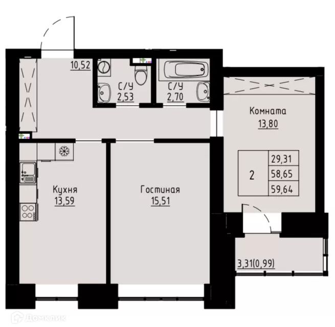 Продаётся 2-комнатная квартира, 60.6 м²