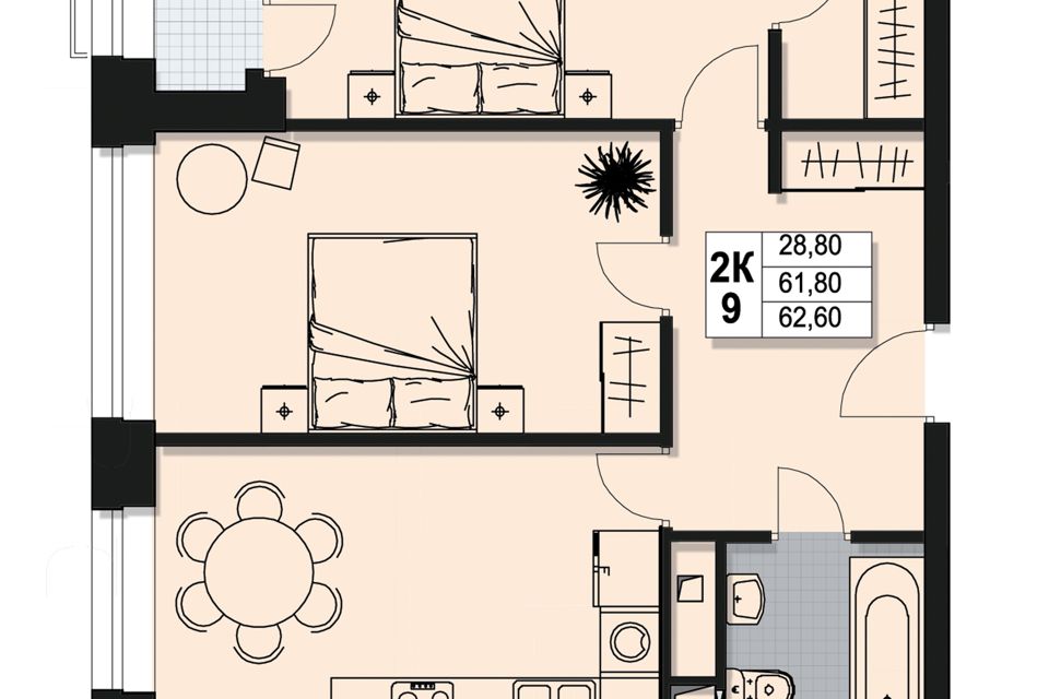 Продаётся 2-комнатная квартира, 61.8 м²