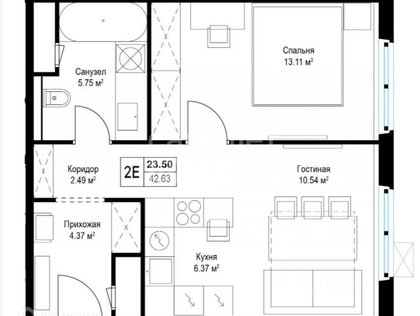 Продаётся 2-комнатная квартира, 42.8 м²
