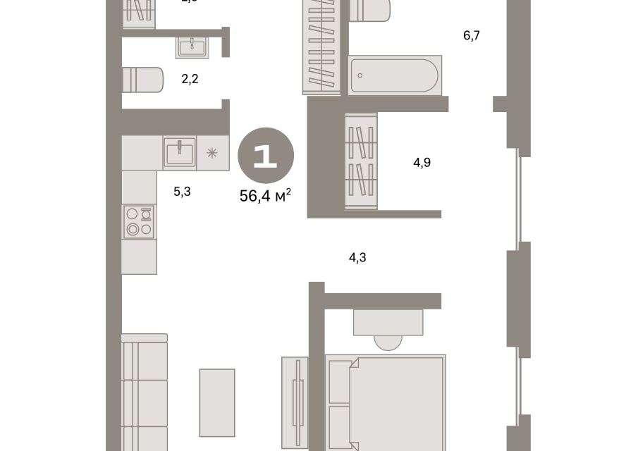 Продаётся 1-комнатная квартира, 56.4 м²