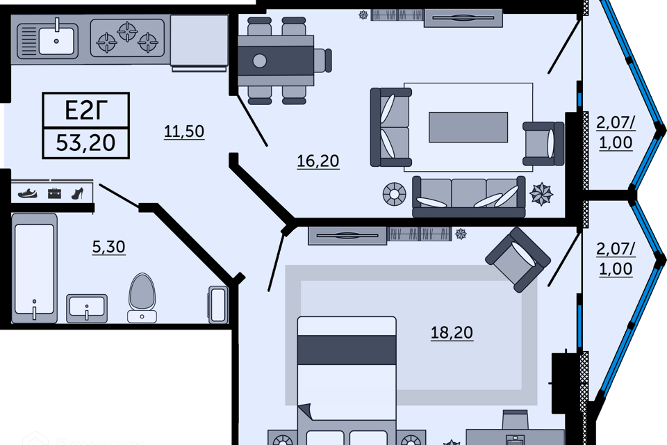 Продаётся 2-комнатная квартира, 53.1 м²