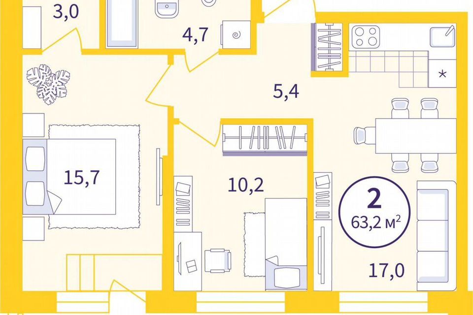 Продаётся 2-комнатная квартира, 58.1 м²