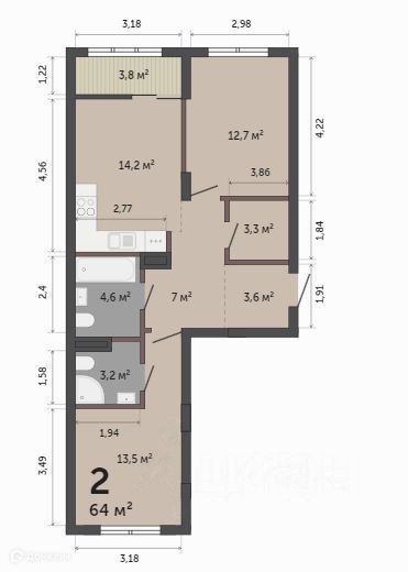 Продаётся 2-комнатная квартира, 65 м²