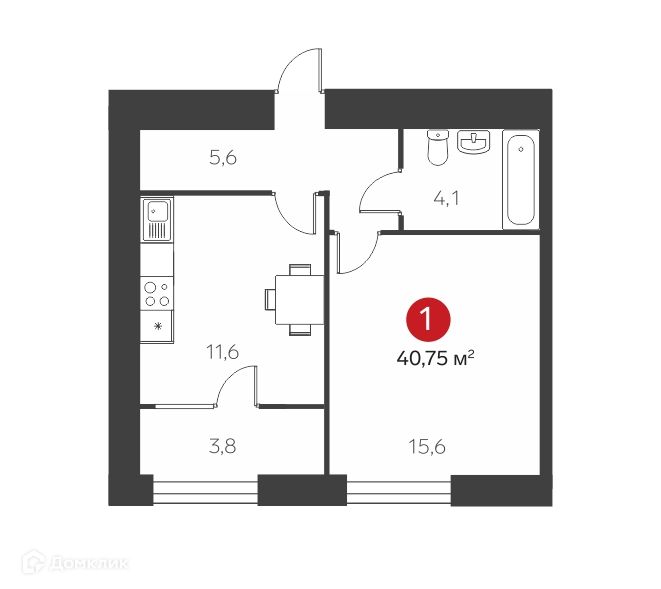 Продаётся 1-комнатная квартира, 40.6 м²