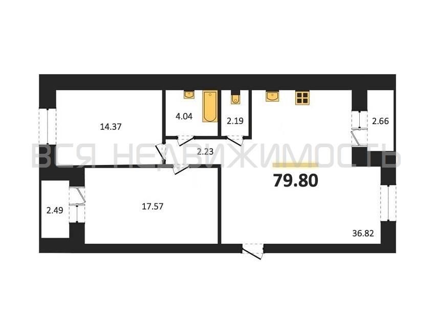 Продаётся 2-комнатная квартира, 77.6 м²
