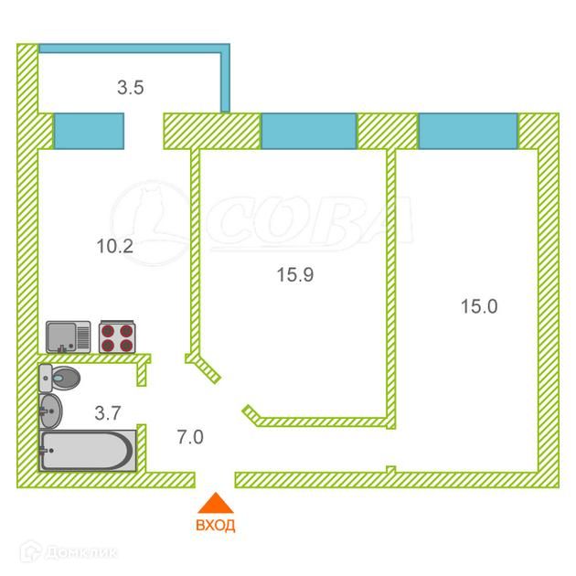 Продаётся 2-комнатная квартира, 52.5 м²