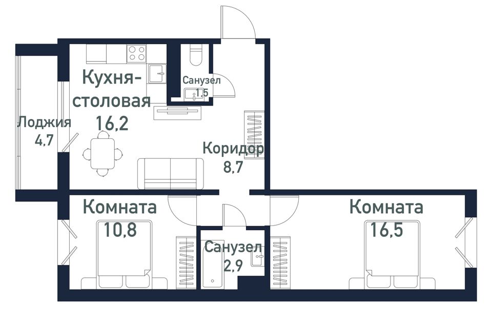 Продаётся 2-комнатная квартира, 57.3 м²