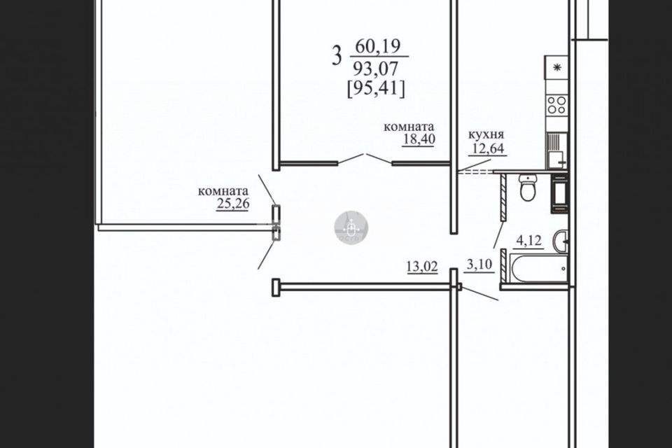 Продаётся 3-комнатная квартира, 95.41 м²