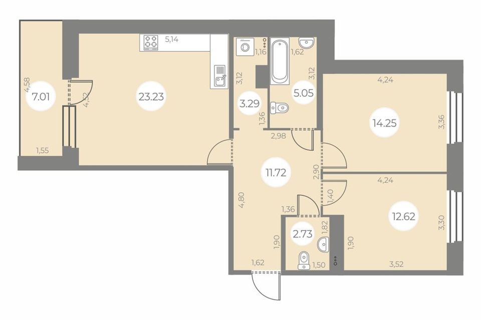 Продаётся 2-комнатная квартира, 76.4 м²