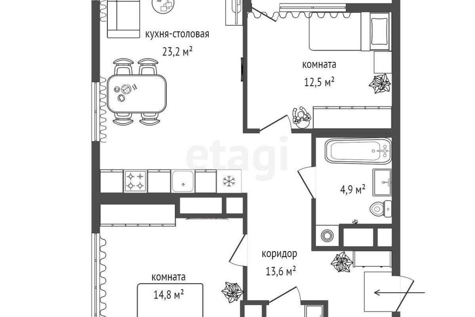 Продаётся 2-комнатная квартира, 74.3 м²