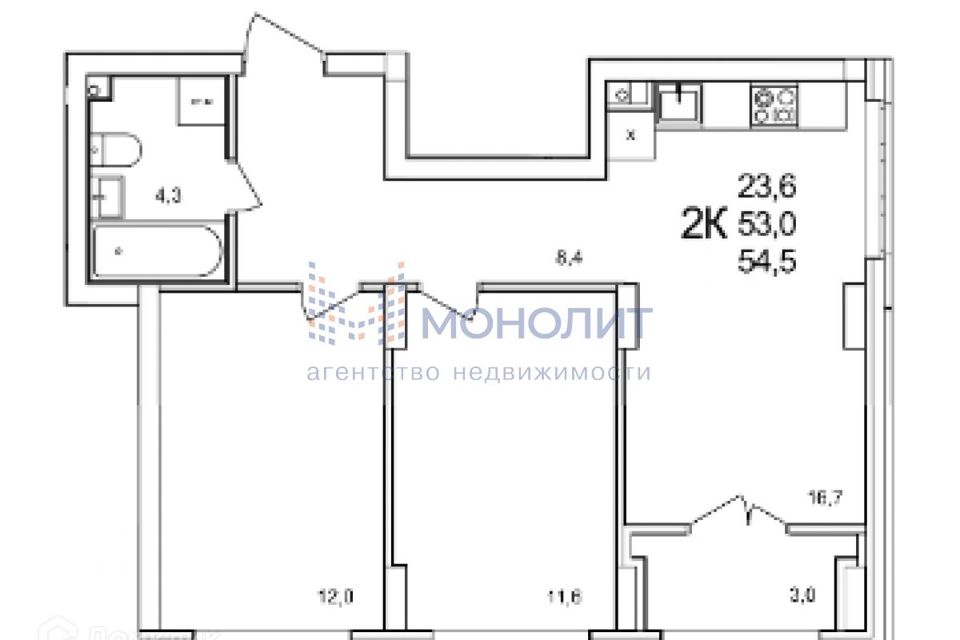 Продаётся 1-комнатная квартира, 54.5 м²