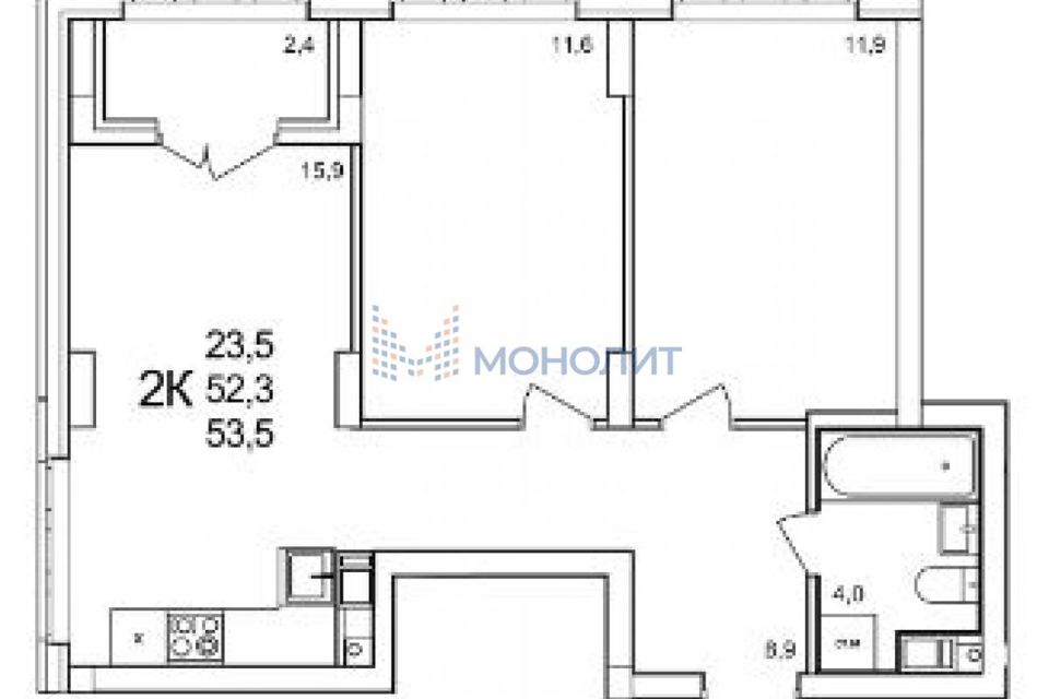 Продаётся 2-комнатная квартира, 53.5 м²