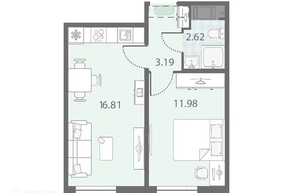 Продаётся 1-комнатная квартира, 34.6 м²
