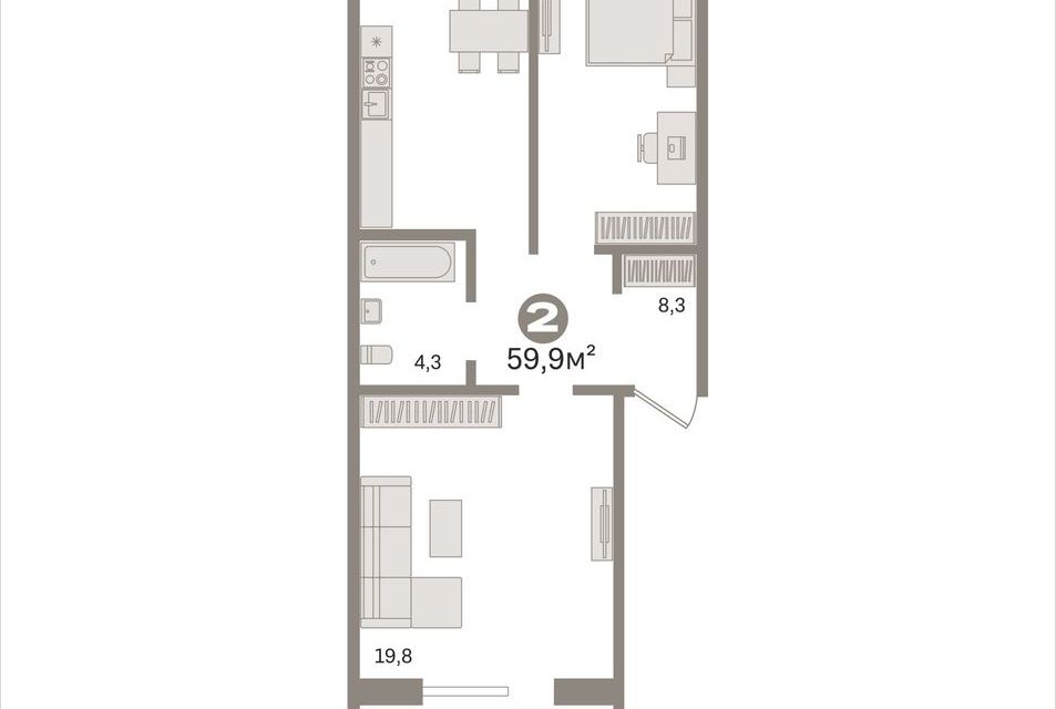 Продаётся 2-комнатная квартира, 59.9 м²